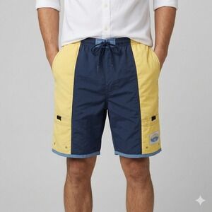 Planks TransAtlantic Colorblock Vintage Swim Trunks Men's L‎ Blue Yellow EUC